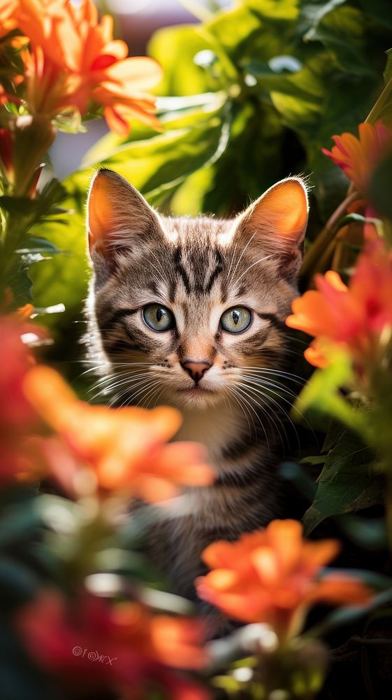 Baby kitten in the flower bush photography portrait animal. AI generated Image by rawpixel.