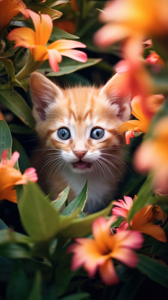  Baby kitten in the flower bush animal mammal nature. AI generated Image by rawpixel.