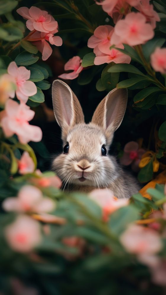  Baby rabbit in the flower bush animal rodent mammal. AI generated Image by rawpixel.