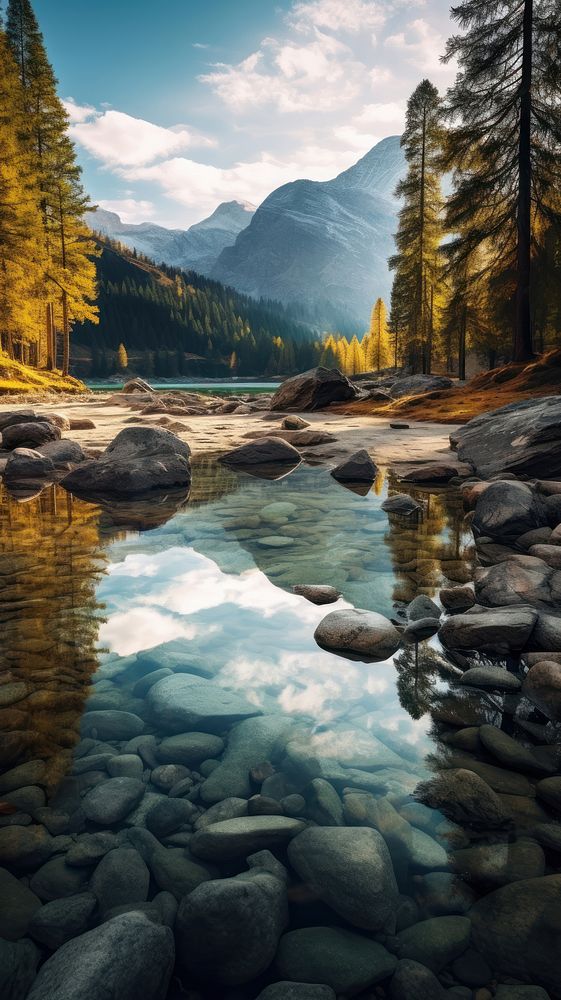  Nature lake rock wilderness. AI generated Image by rawpixel.