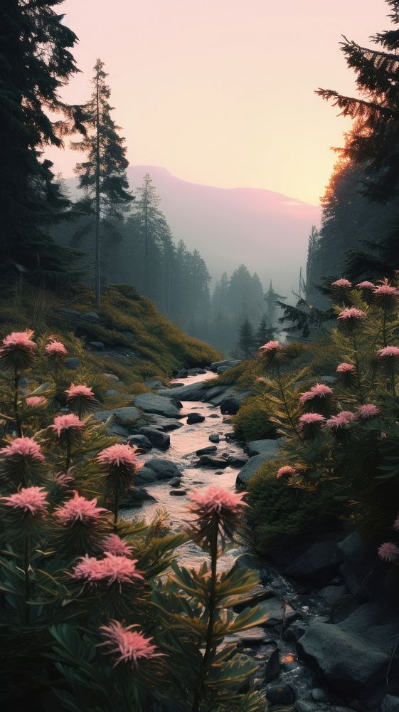  Mountain nature flower stream. AI generated Image by rawpixel.