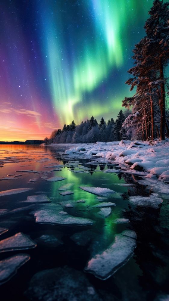  Frozen lake at night nature outdoors aurora. AI generated Image by rawpixel.
