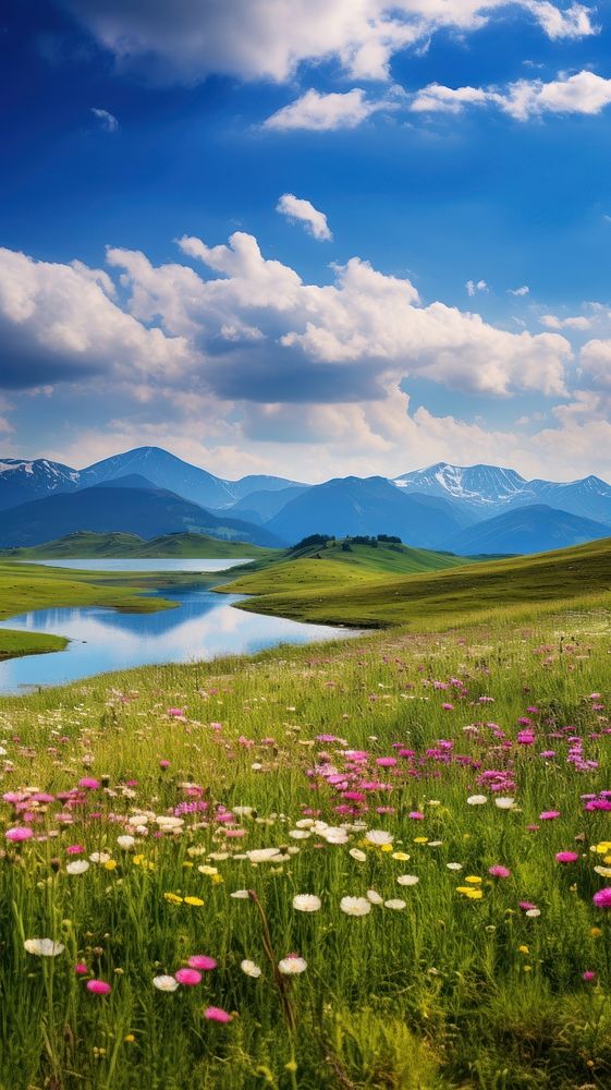  Hilly flower fields high land fields with small lake nature meadow cloud. AI generated Image by rawpixel.