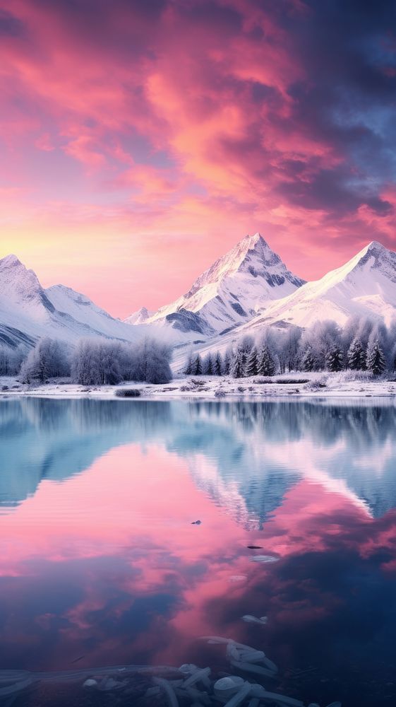  Lake surrounded by a snow caped mountain nature sky landscape. AI generated Image by rawpixel.