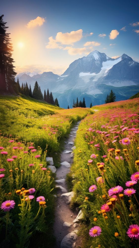  Mountain nature flower meadow. AI generated Image by rawpixel.