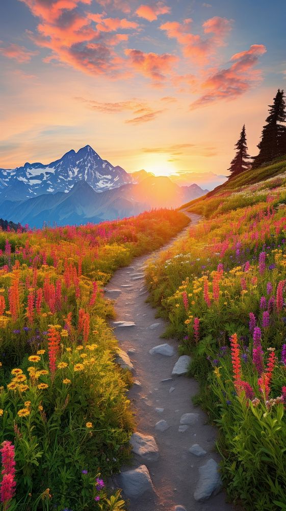  Mountain nature flower field. AI generated Image by rawpixel.