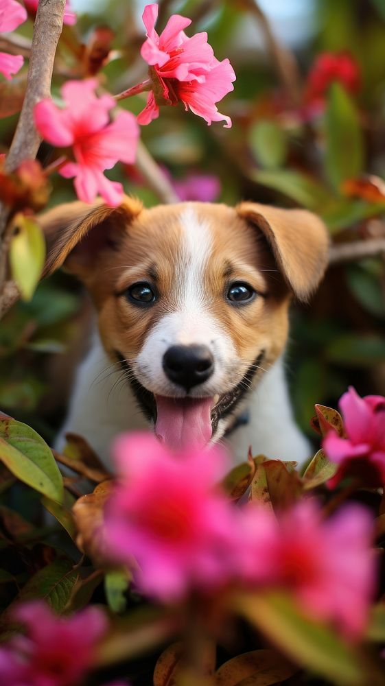  Puppy in the flower bush nature photography portrait. AI generated Image by rawpixel.
