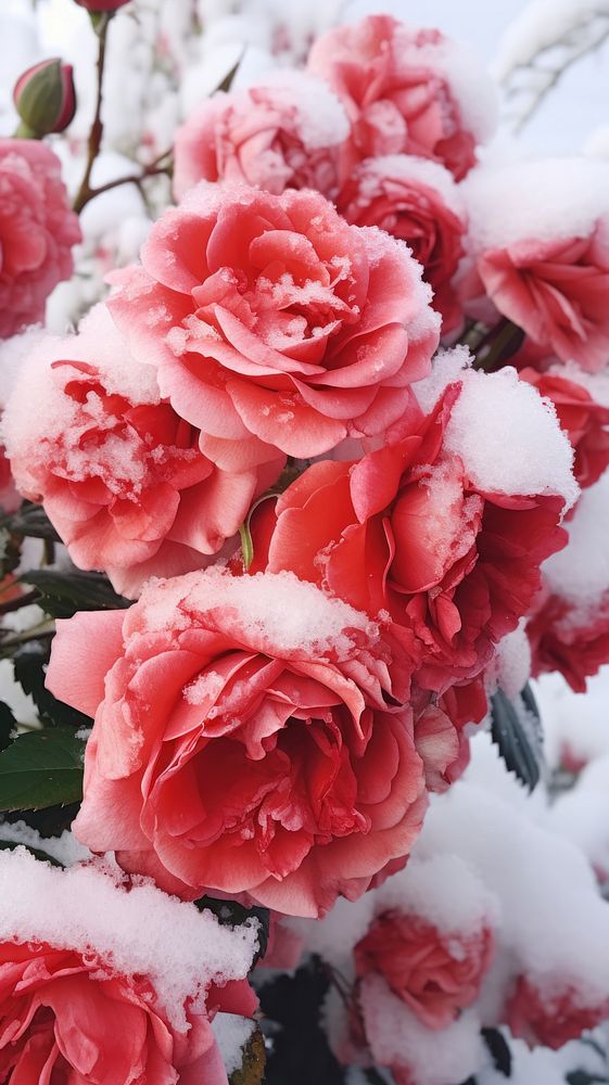  Rose bushes coverd by snow blossom flower nature. AI generated Image by rawpixel.