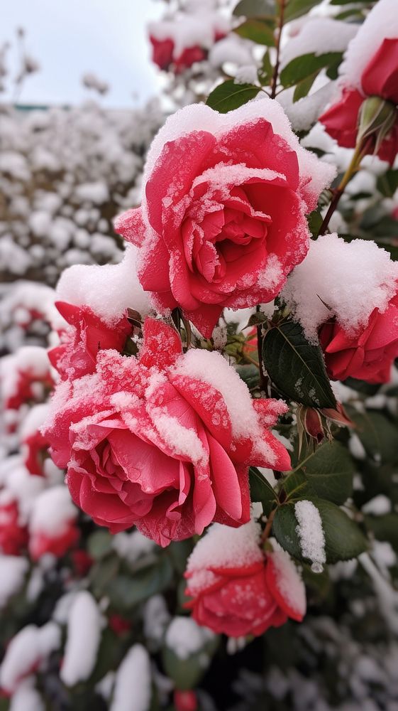  Rose bushes coverd by snow nature outdoors blossom. AI generated Image by rawpixel.