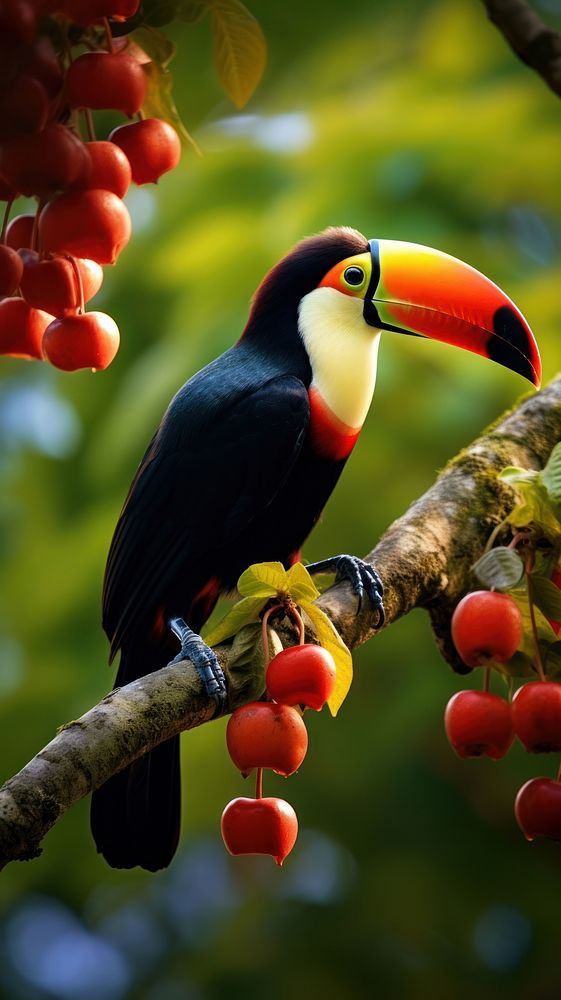Toucan on a tree branch with fruits animal nature plant. AI generated Image by rawpixel.