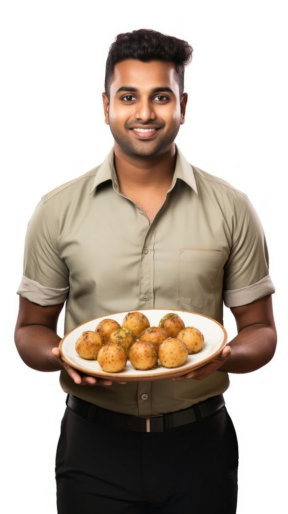 Indian man holding Panipuri food adult white background croquette.