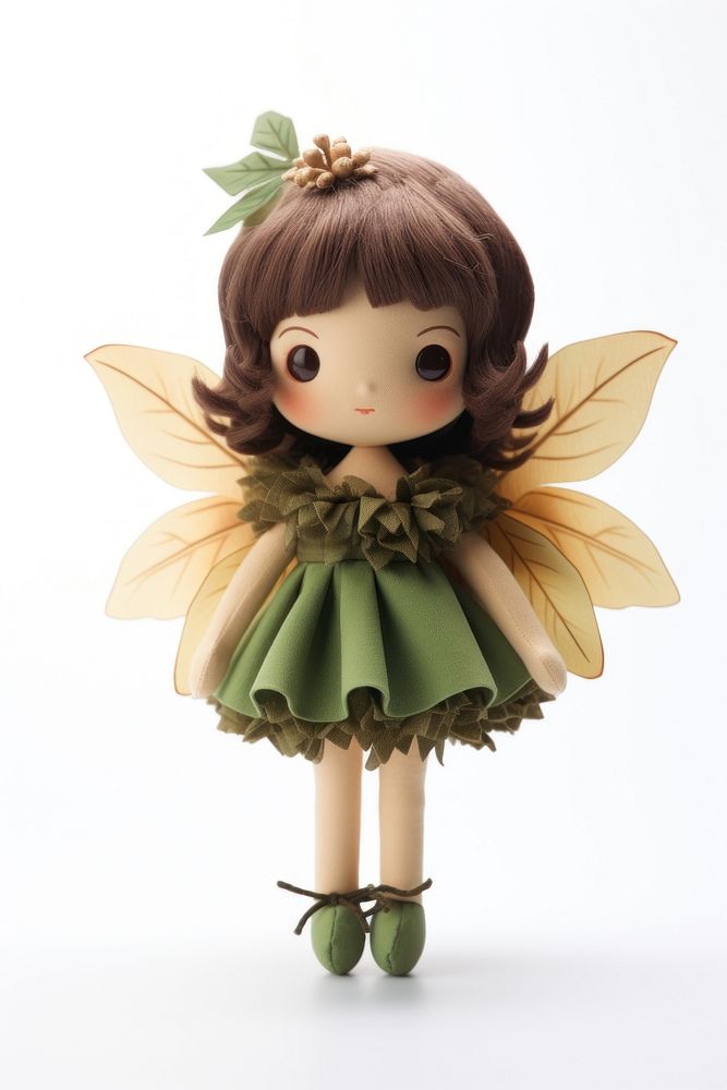 Stuffed doll forest fairy cute toy white background.