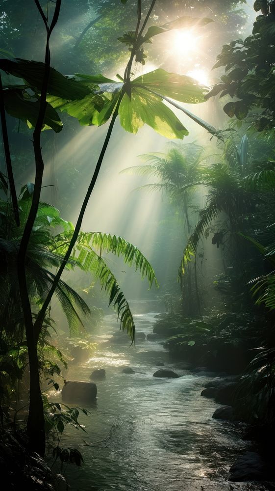  Sunlight on a foggy tropical jungle vegetation outdoors woodland. AI generated Image by rawpixel.