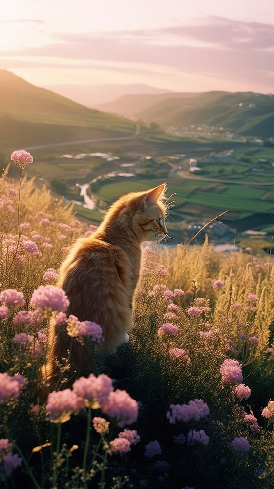 Photography of minimal a cute cat with hillside landscape grassland outdoors nature.
