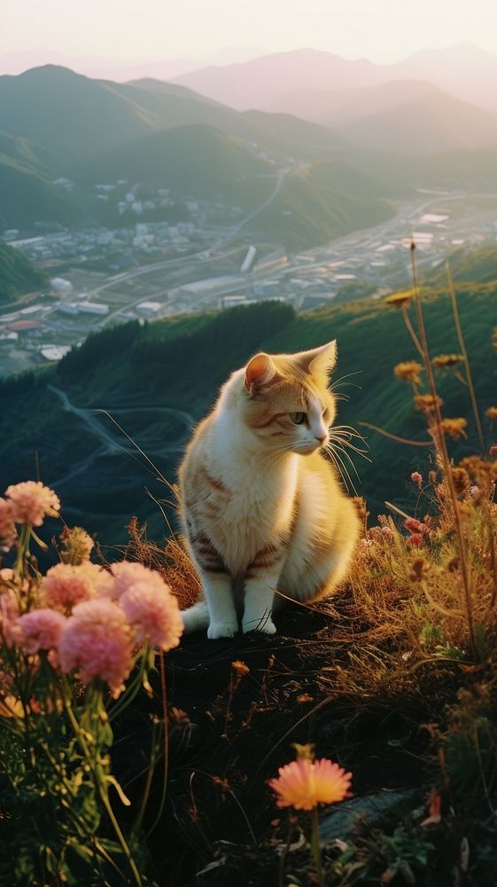 Photography of minimal a cute cat with hillside japan landscape mountain outdoors animal.