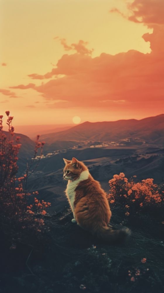 Photography of minimal a cute cat with hillside landscape outdoors mammal animal.