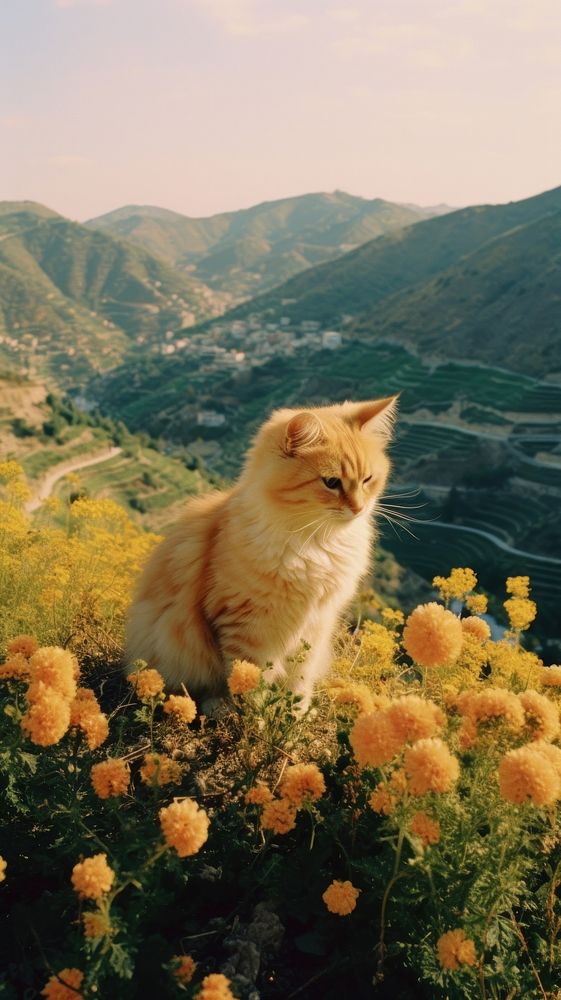 Photography of minimal a cute cat with hillside landscape outdoors portrait nature.