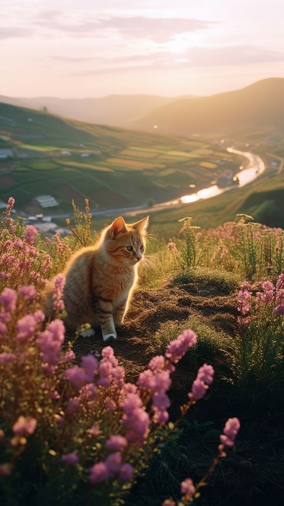 Photography of minimal a cute cat with hillside landscape outdoors nature flower.
