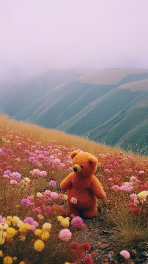 Photography of minimal a cute bear with hillside japan landscape grassland outdoors nature.