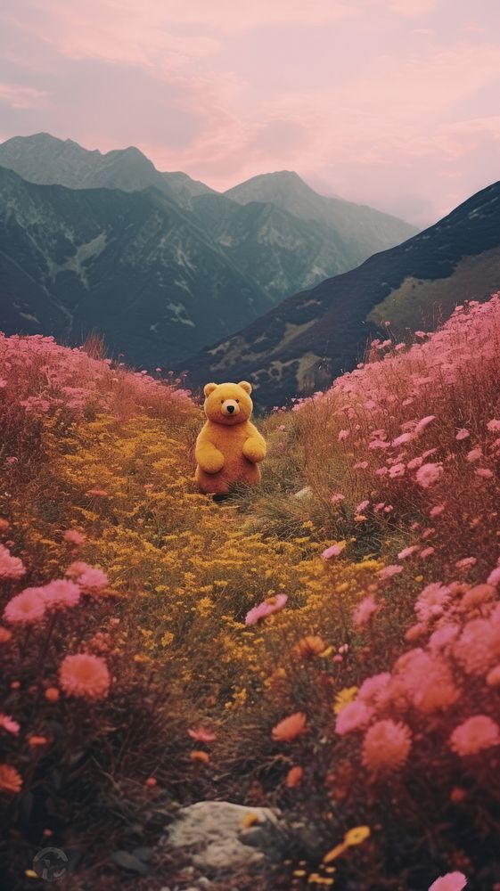 Photography of minimal a cute bear with hillside japan landscape outdoors nature flower.