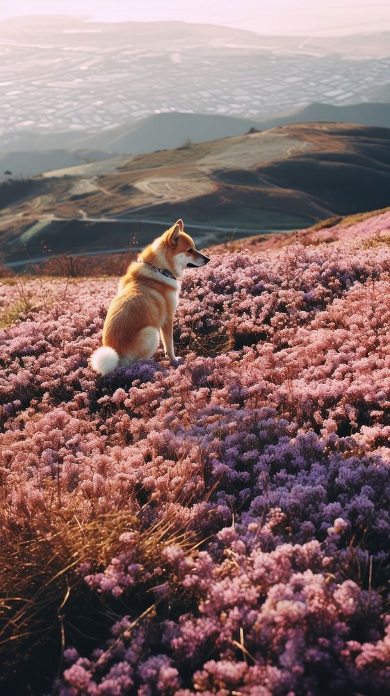 Photography of minimal a cute dog with hillside japan landscape outdoors nature flower.