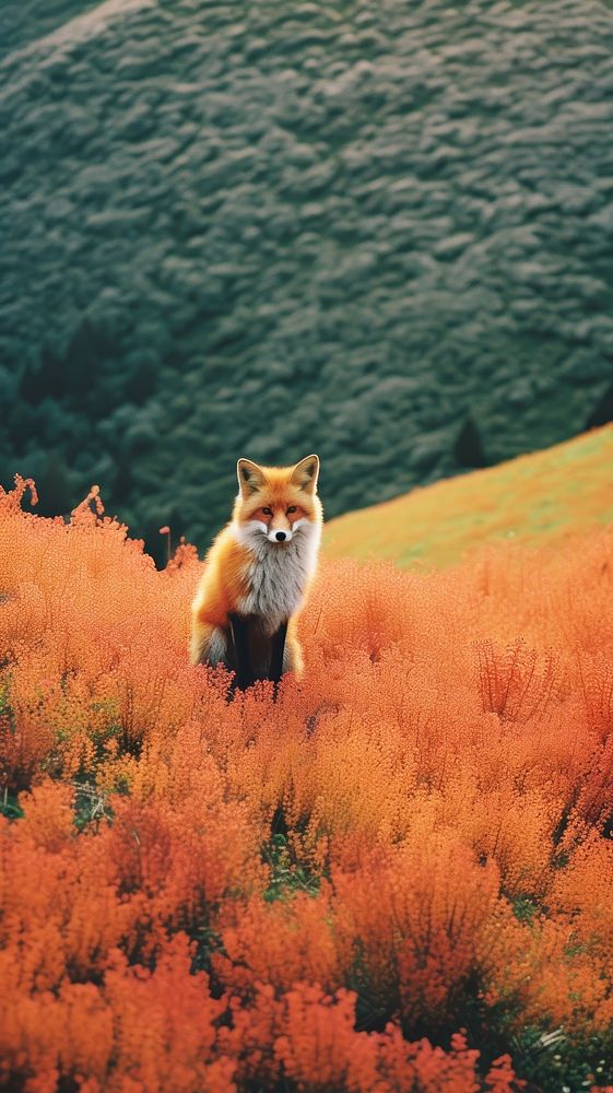 Photography of minimal a cute Fox with hillside japan landscape fox wildlife mammal.