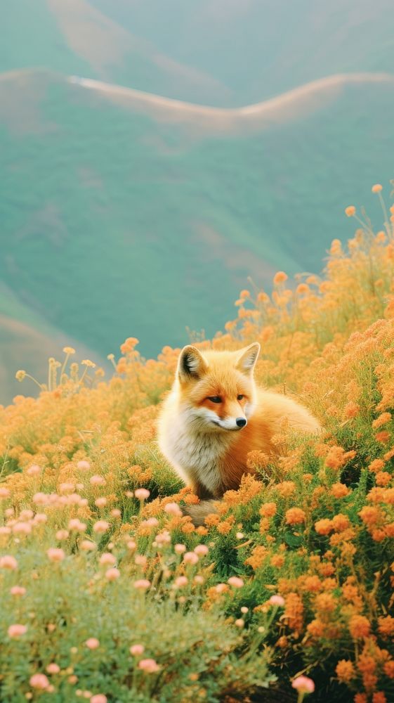 Photography of minimal a cute Fox with hillside japan landscape fox wildlife outdoors.