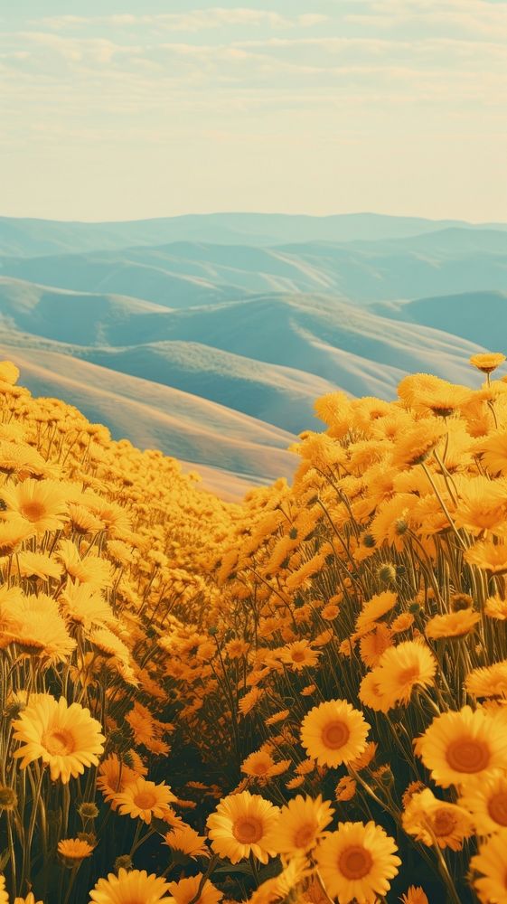 Photography of minimal cute sunflowers with hillside landscape outdoors nature plant.