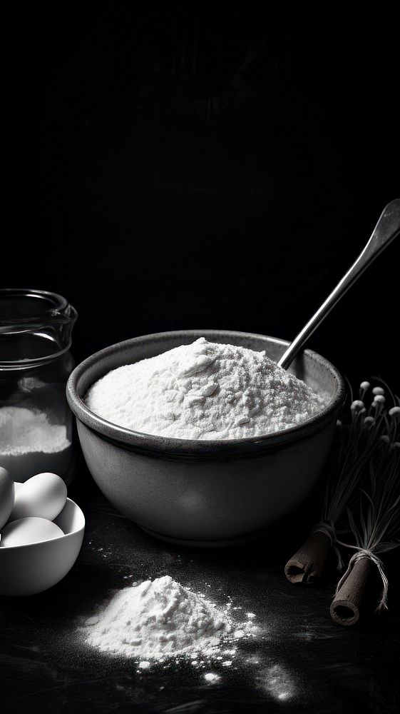 Photography of baking powder spoon flour.