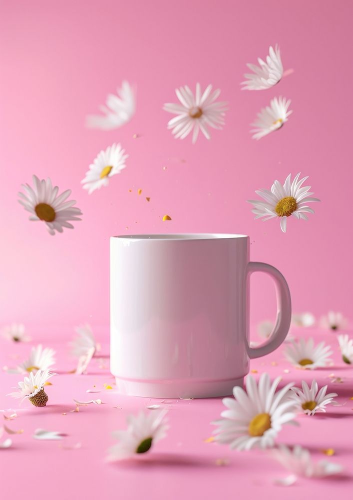 Mug packaging  daisy blossom flower.