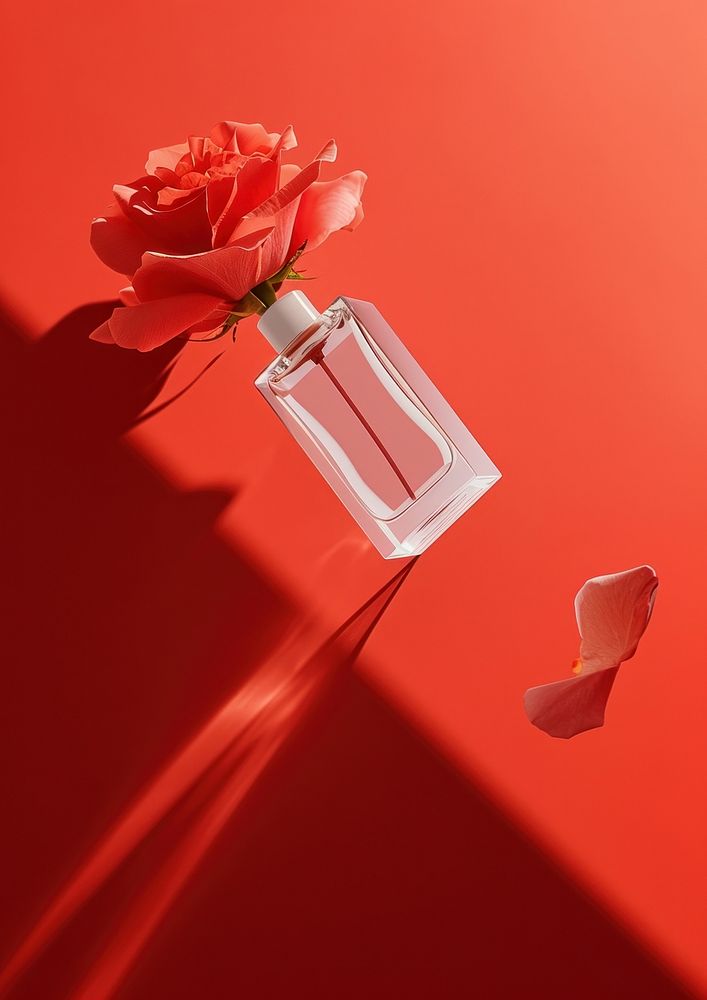 Perfume glasses packaging  rose red red background.