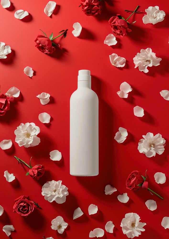 White bottle packaging  rose flower petal.