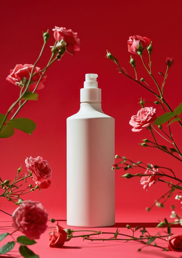White bottle packaging  rose flower plant.
