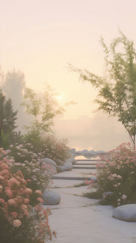 Aesthetic garden in dawn landscape wallpaper sunlight outdoors nature.