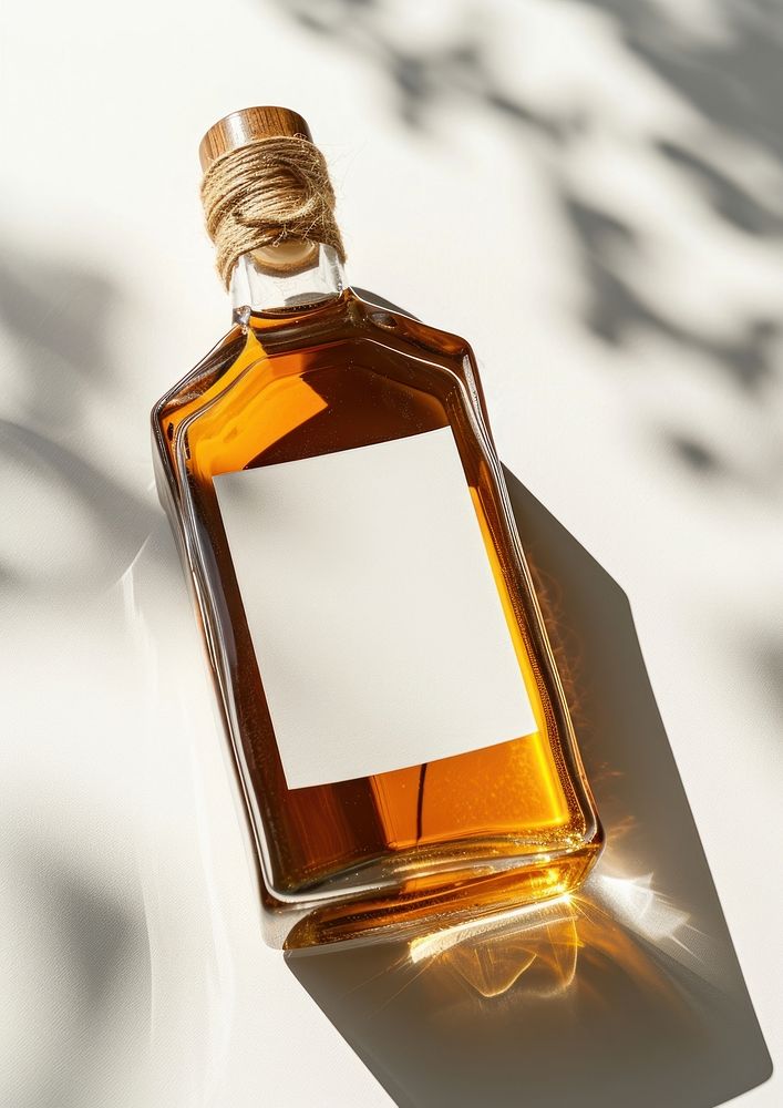 Transparent bottle of whiskey with white label perfume whisky drink.
