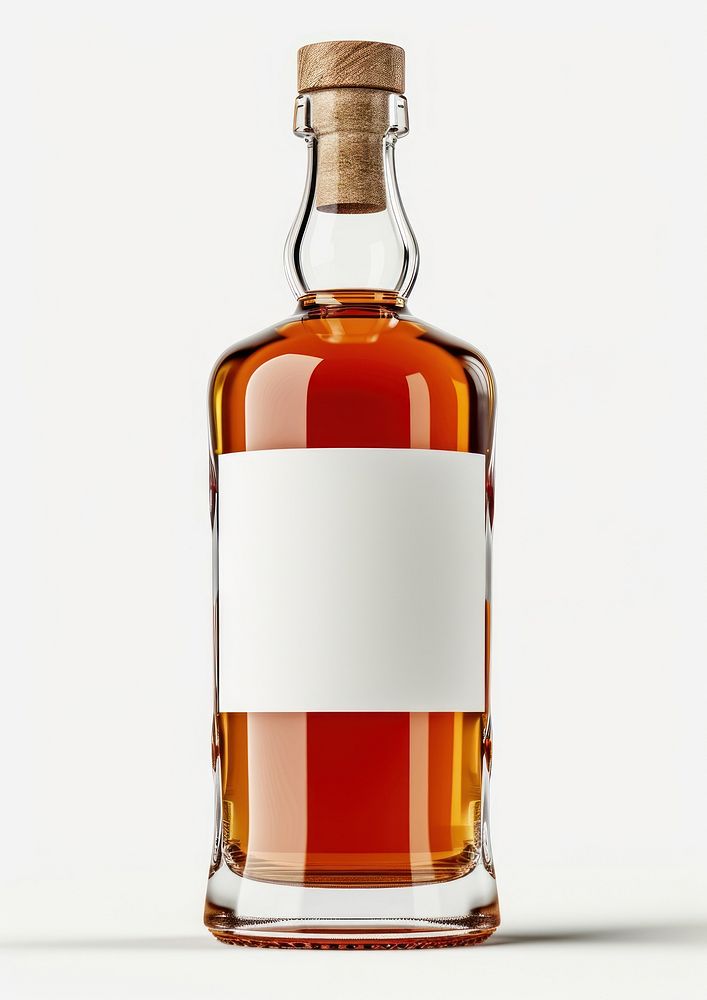 Transparent bottle of whiskey with white label whisky drink white background.