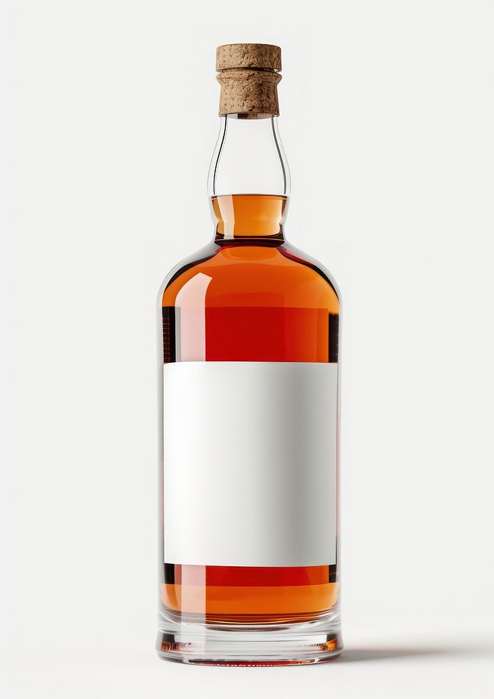 Transparent bottle of whiskey with white label whisky glass drink.