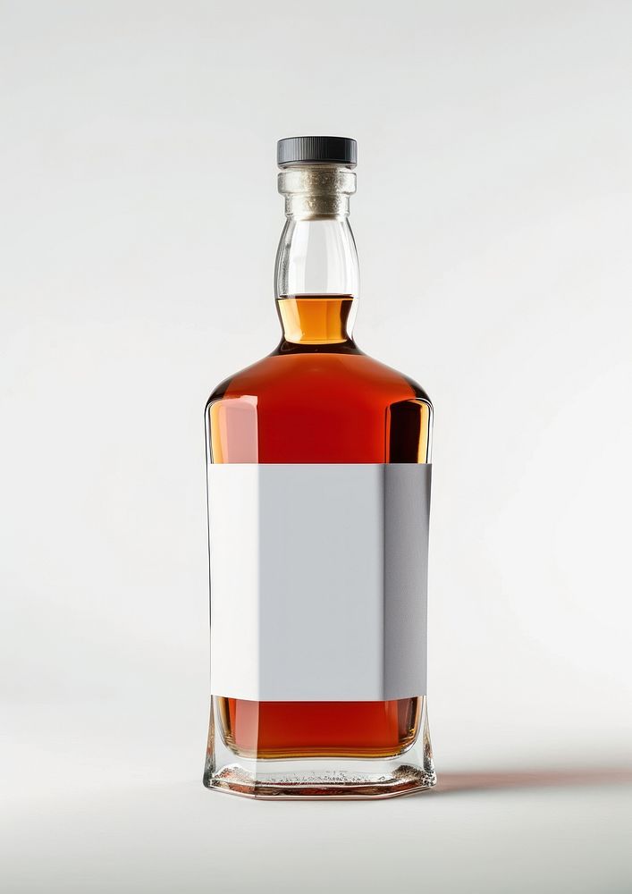 Transparent bottle of whiskey with white label perfume whisky glass.