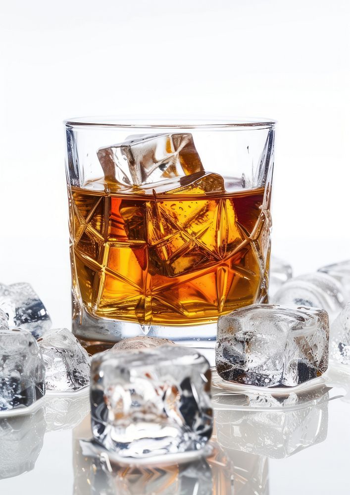 Transparent glass of whiskey on rocks with ice cubes placed whisky drink white background.