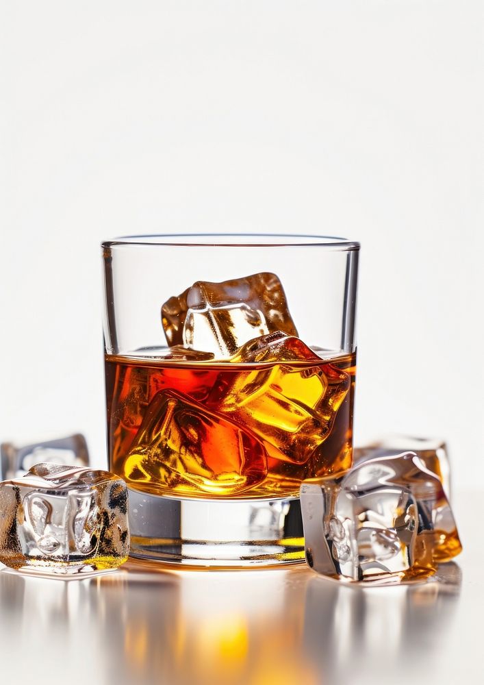 Transparent glass of whiskey on rocks with ice cubes placed whisky drink white background.