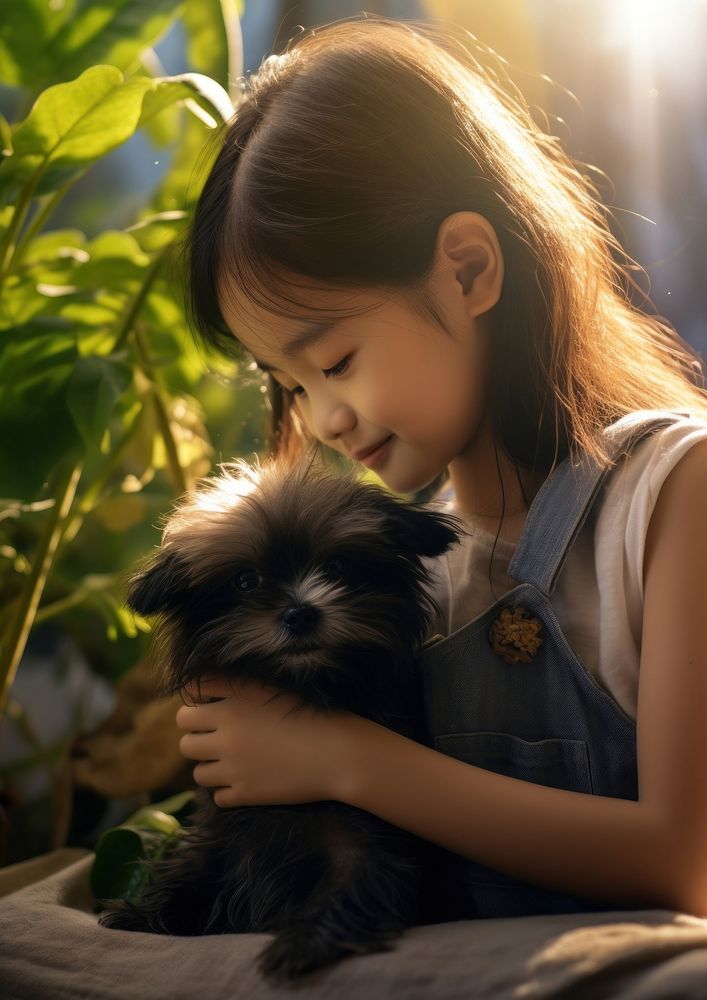 Chinese girl playing with a pet portrait animal mammal.