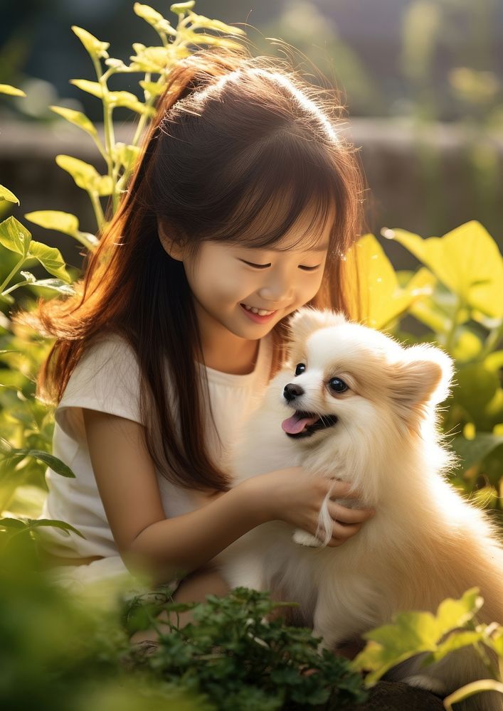 Chinese girl playing with a pet portrait mammal animal.