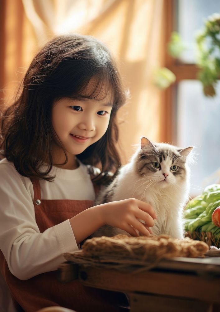 Japanese girl feeding food to cat with a pet portrait mammal animal.