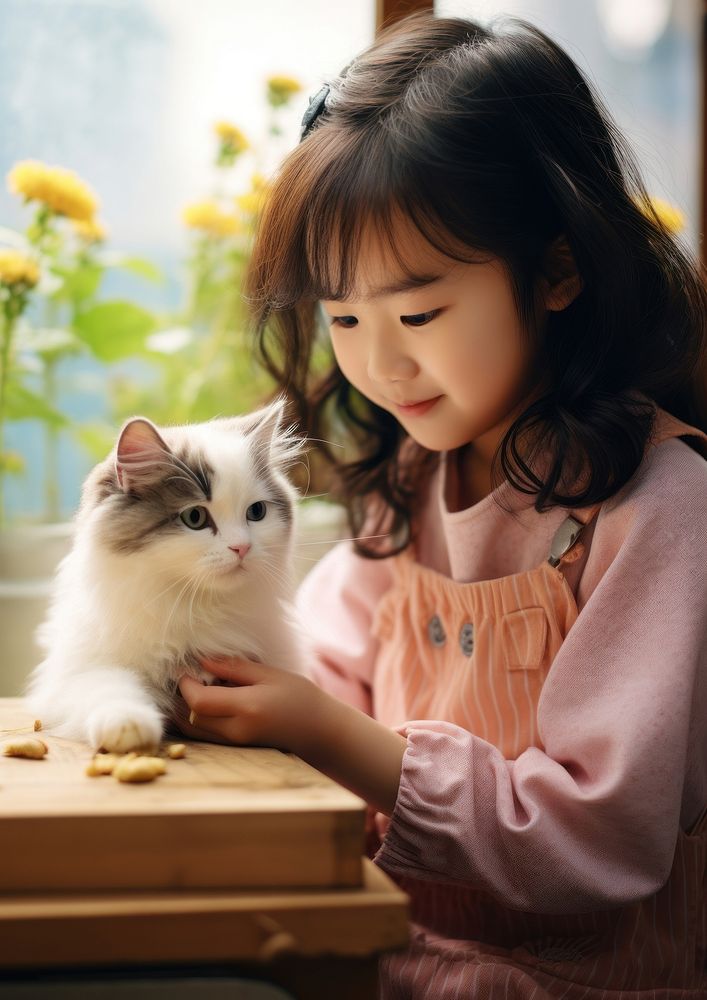 Japanese girl feeding food to cat with a pet portrait mammal animal.