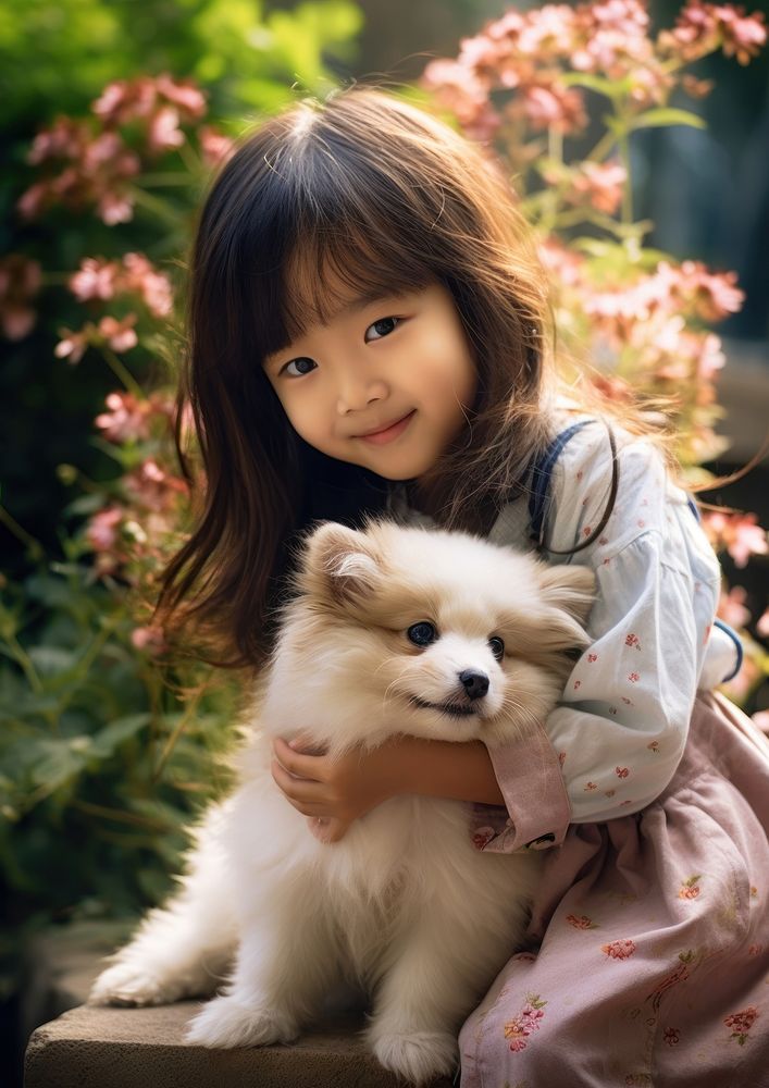 Japanese girl playing with a pet portrait mammal animal.
