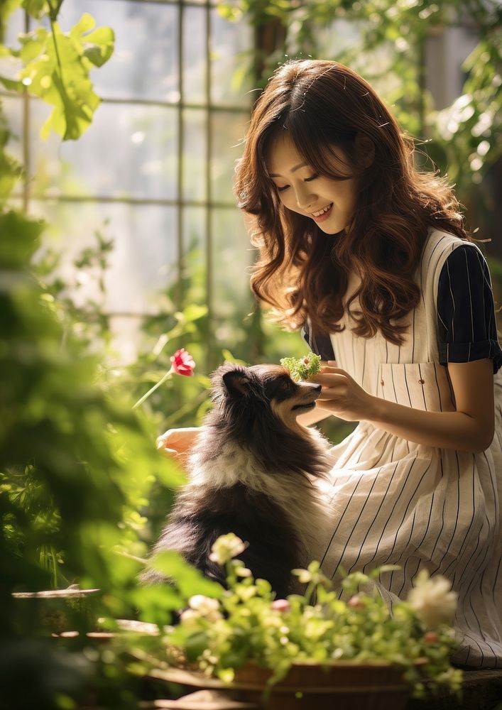 Japanese woman playing with a pet garden gardening portrait.