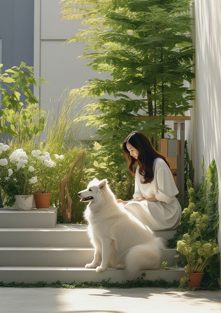 Korean woman playing with a pet outdoors sitting animal.