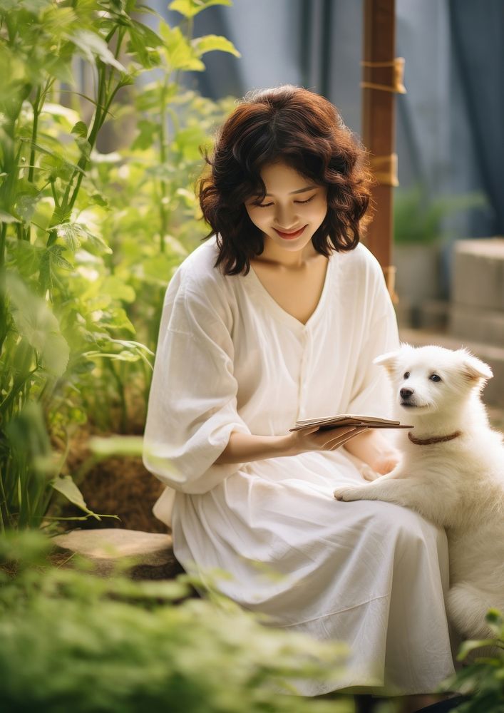 Korean woman playing with a pet portrait sitting mammal.