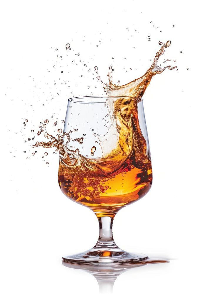 A little bit splash of cognac in glass whisky drink white background.