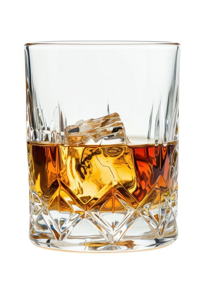 Bourbon glass whisky drink white background.